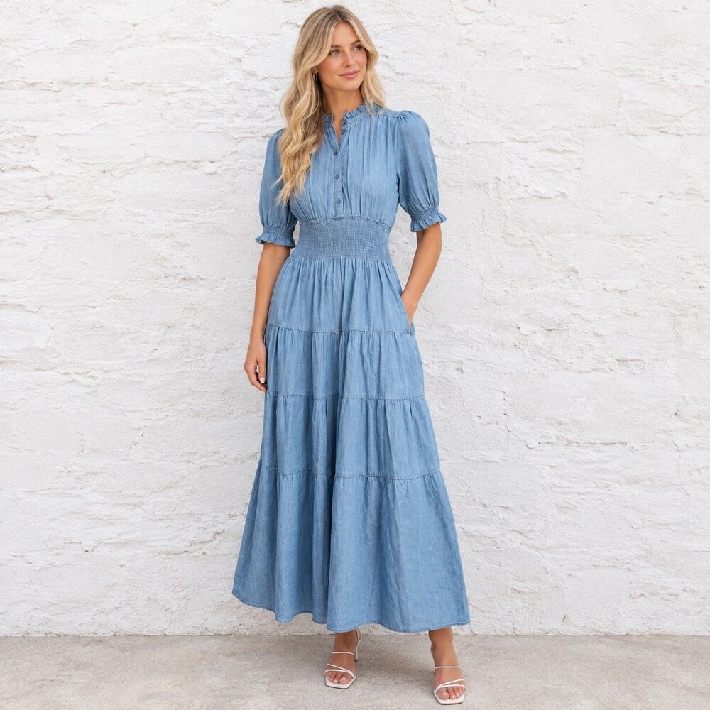 Me+Em Chambray Midi Tiered Dress Size US 12 Cottagecore Prairie Coastal Luxury